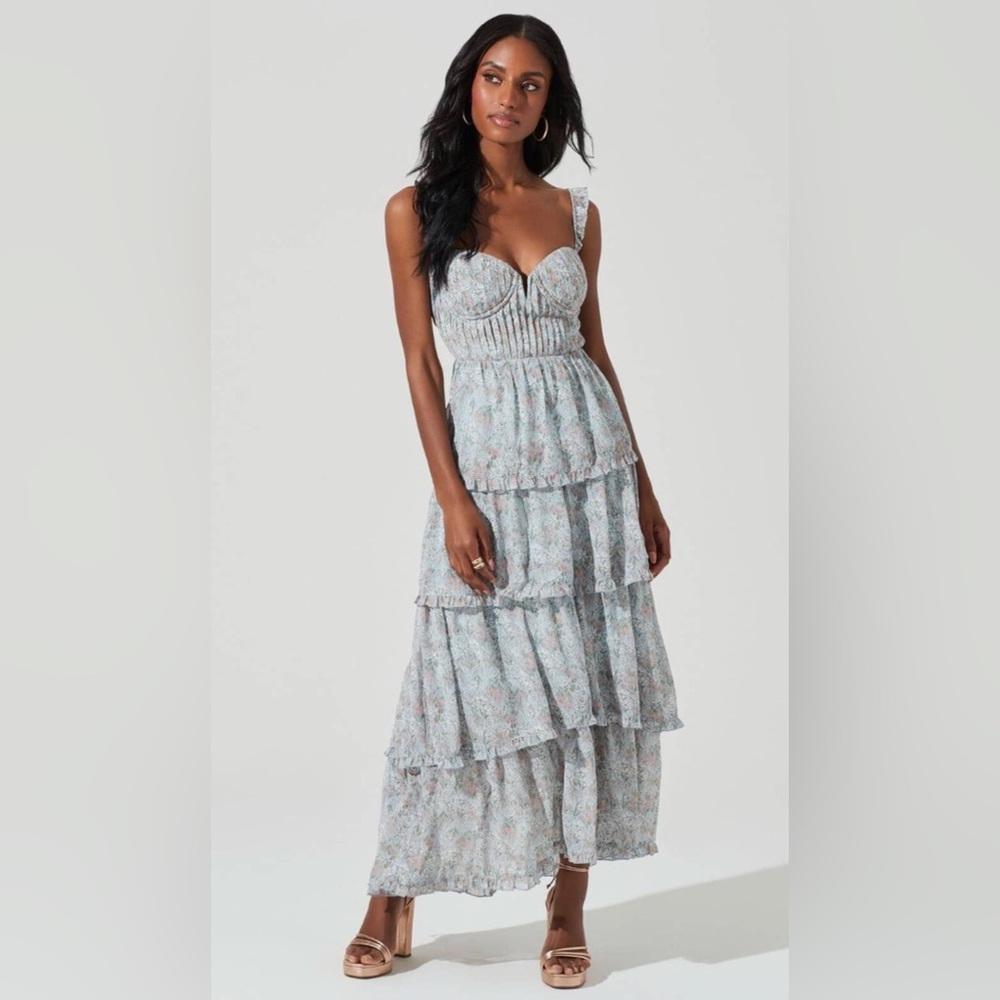 ASTR the Label Midsummer Floral Tiered Maxi Sleeveless Dress Lt Blue NWT sz M